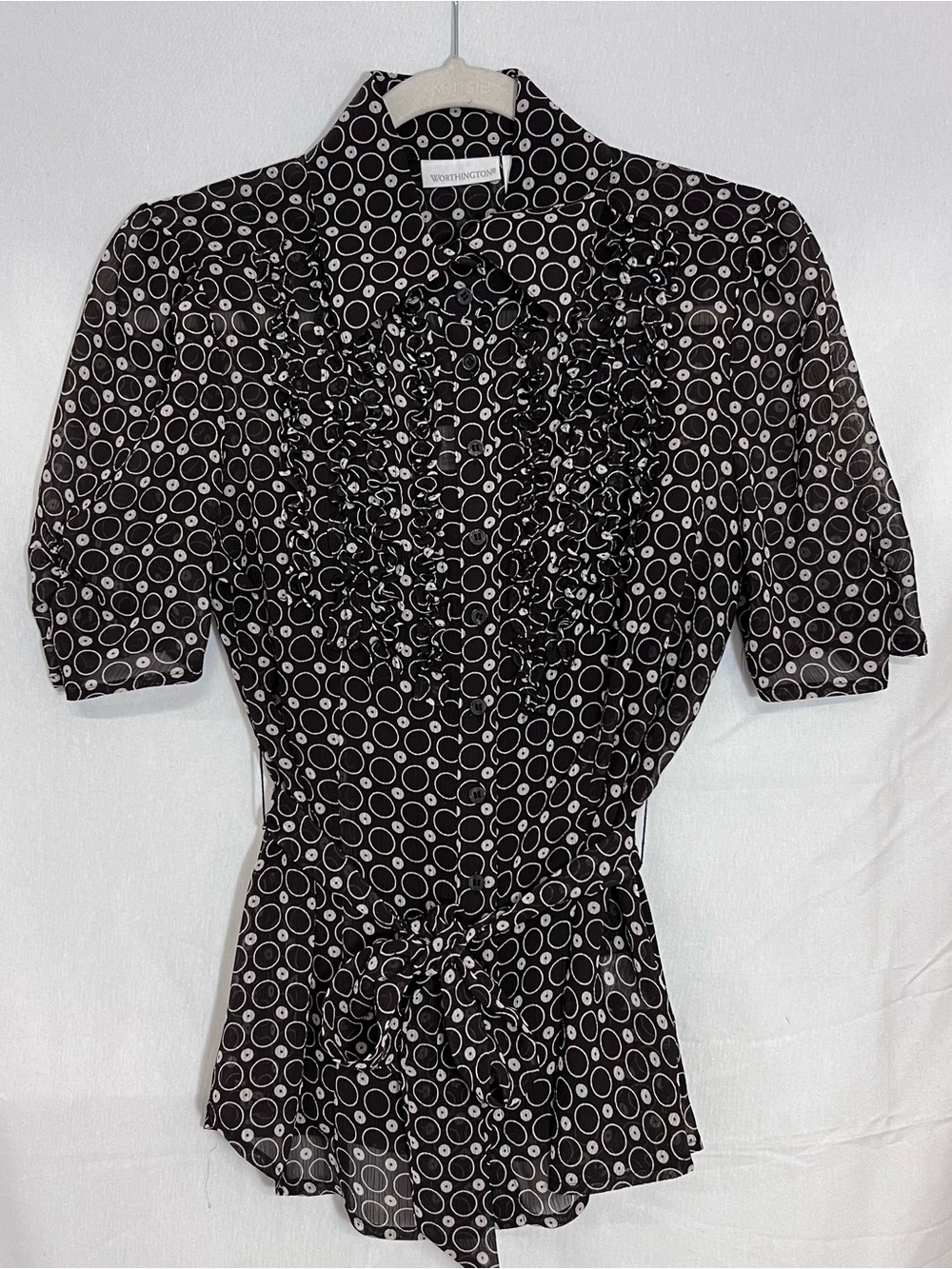 Worthington Espresso & White Circular Print Ruffle Blouse